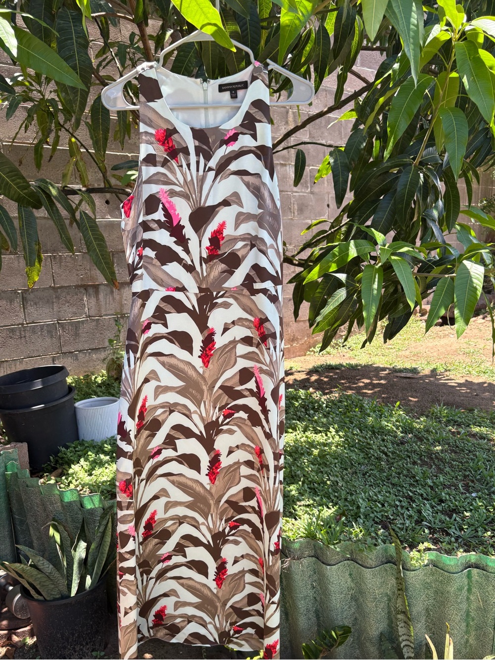Banana Republic White Maxi Dress with Brown and Red Leaf Print